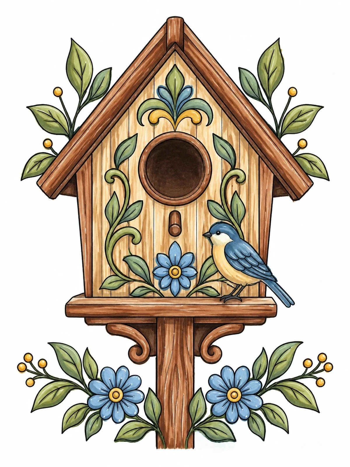 Colored example of the Decorated Birdhouse With Songbird coloring page