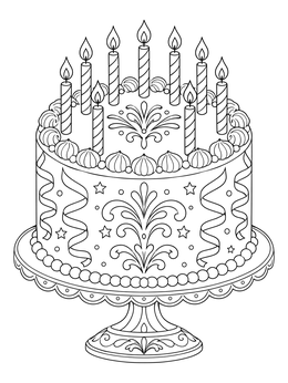A festive birthday candles coloring page featuring an ornate cake on a stand with burning candles.