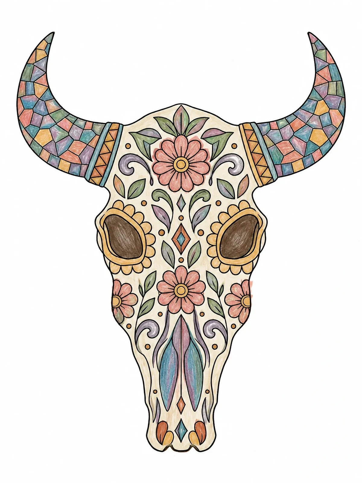 Colored example of the Decorated Bull Sugar Skull coloring page