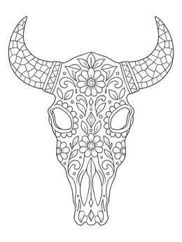 Detailed bull skull coloring page with mosaic horns and floral patterns.
