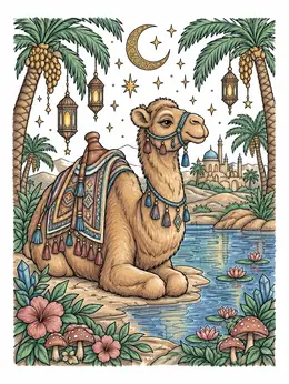 Decorated Camel Resting By An Oasis Coloring Page