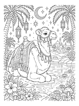 A peaceful camel coloring page showing a decorated camel resting beside a palm oasis under a crescent moon.