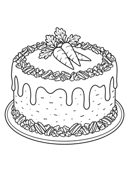A delicious carrot cake with dripping frosting and nuts on this carrot coloring page.