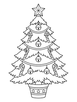 A symmetrical potted christmas tree coloring page decorated with jingle bells and candy canes.