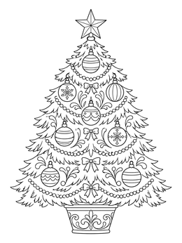 An ornate christmas tree coloring page with baubles, beaded garlands, and a star.