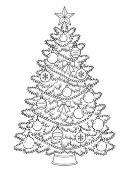 A detailed christmas tree coloring page topped with a shining star.