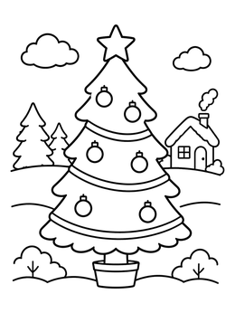 A simple christmas tree coloring page with round ornaments, a star, and a winter house.
