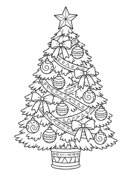 A festive christmas tree coloring page with ribbon bows, baubles, and a star topper.