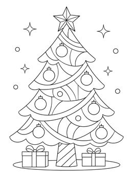A decorative christmas tree coloring page with hanging baubles, a star, and gifts.