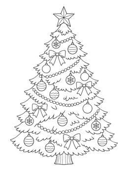 A decorated christmas tree coloring page with bows, garlands, and ornaments topped by a star.