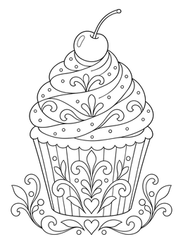 An ornate cupcake coloring page topped with a glossy cherry and swirled frosting.