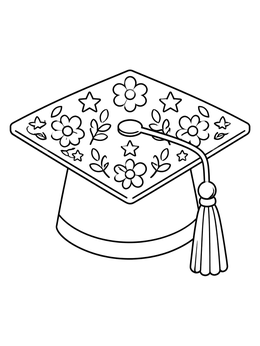 A decorated graduation cap with flowers and a tassel on this graduation coloring page.
