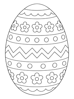 An easter egg coloring page decorated with flowers, zigzags, and dots.