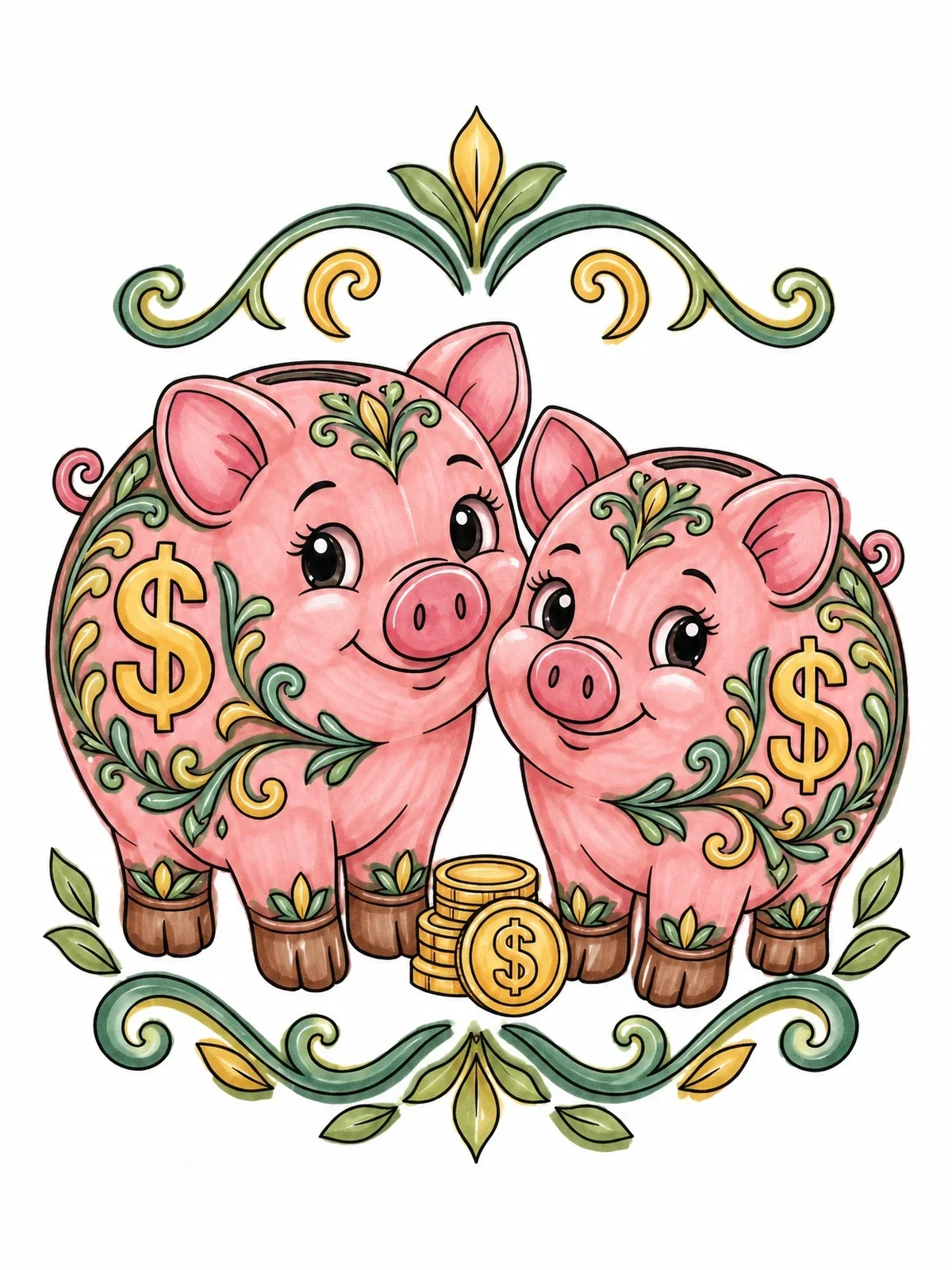 Colored example of the Decorated Piggy Banks With Coins coloring page