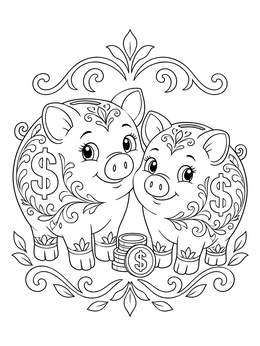 Two smiling piggy banks surrounded by floral ornaments in a bank coloring page.