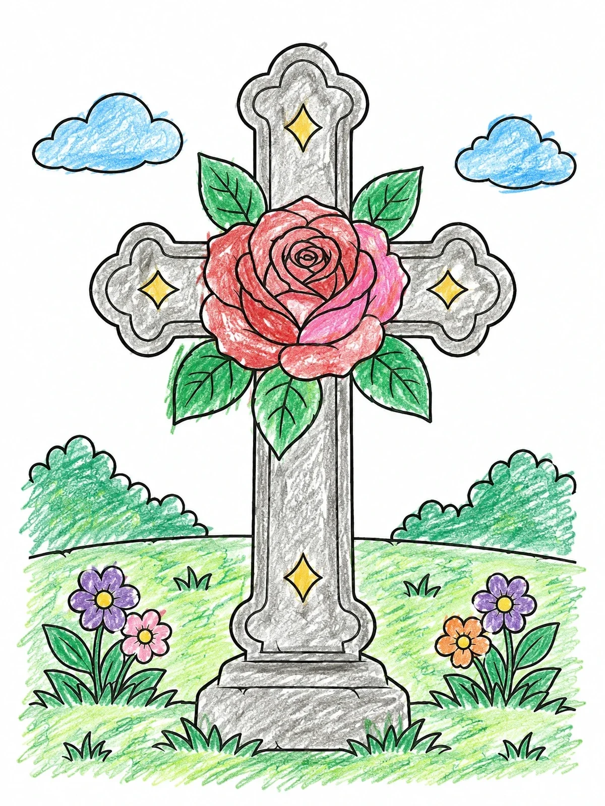Colored example of the Decorated Stone Cross With Rose coloring page