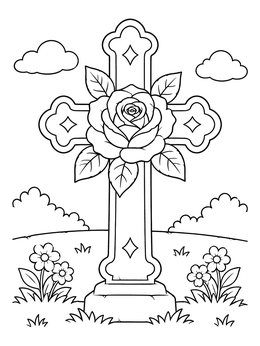 Free printable Decorated Stone Cross With Rose coloring page