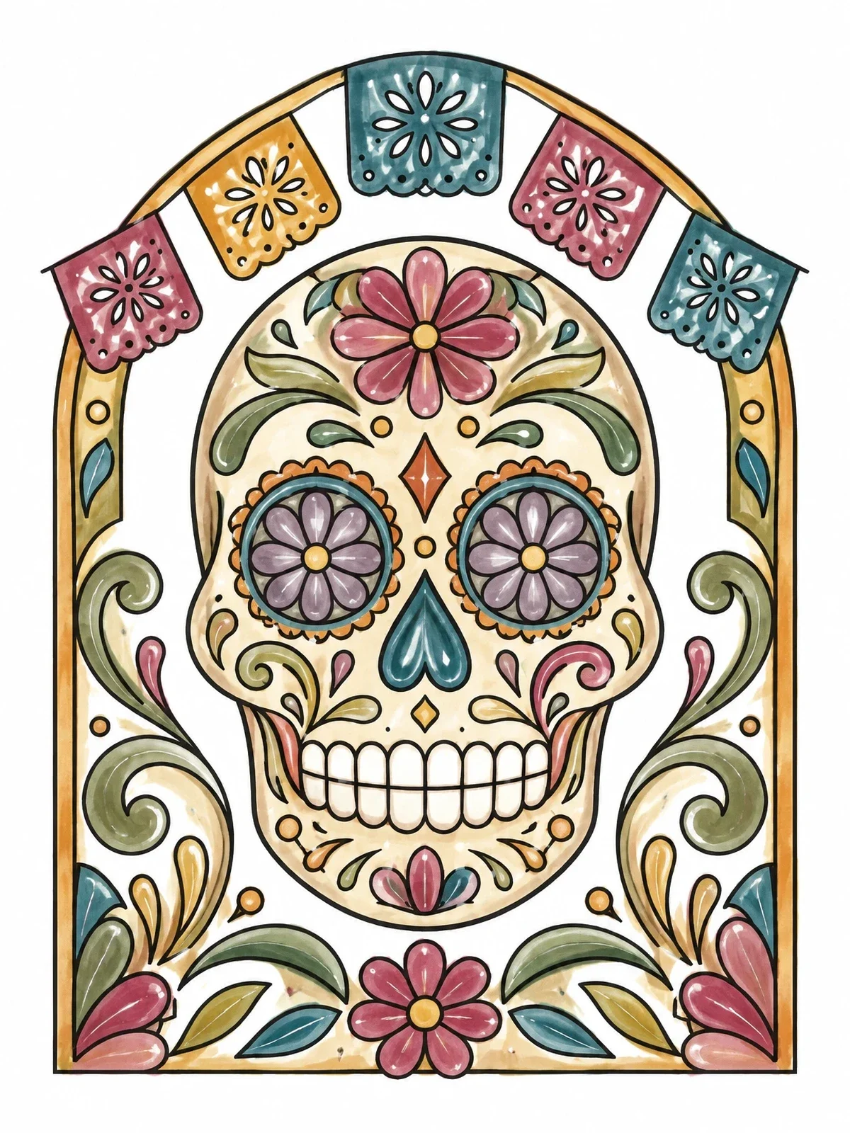 Colored example of the Decorated Sugar Skull In Arch coloring page