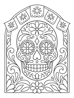 Detailed calavera in an arched frame on this intricate skull coloring page.