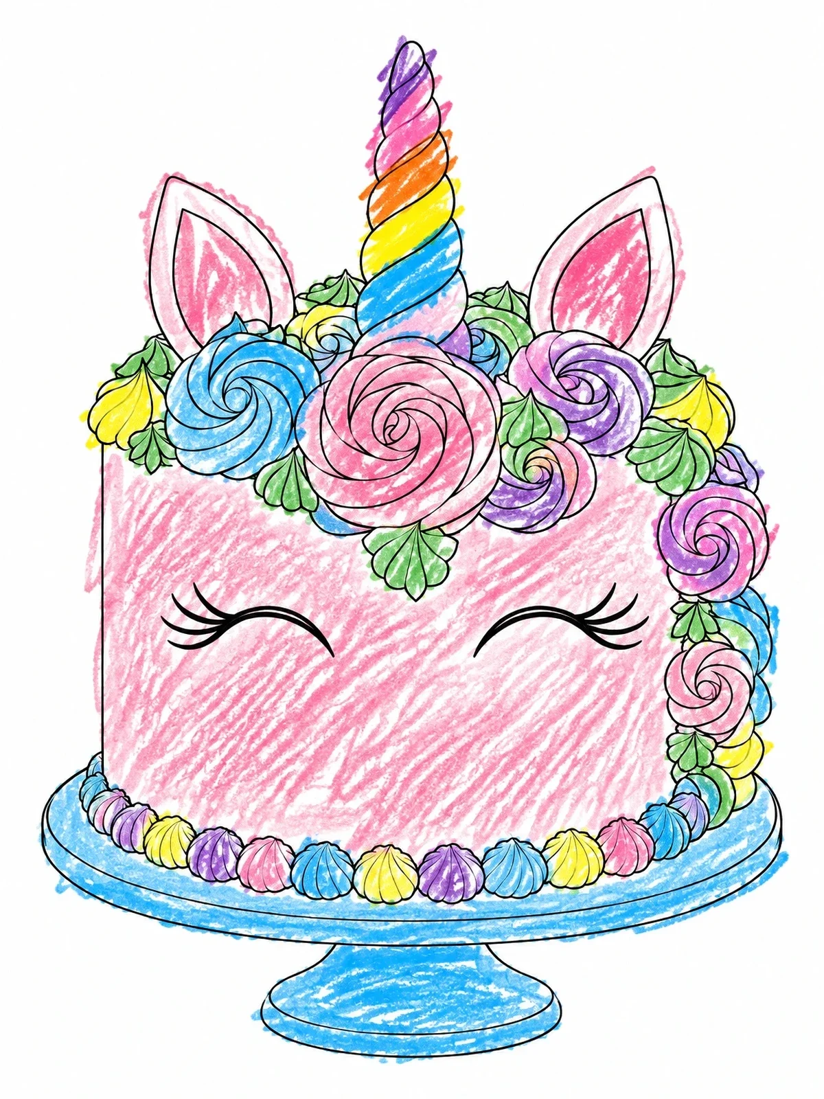 Colored example of the Decorated Unicorn Cake On Stand coloring page