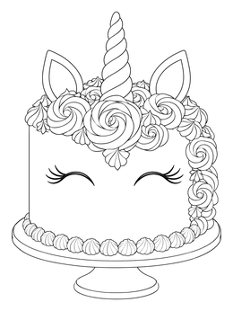 A sweet unicorn cake coloring page featuring piped rosettes and a golden horn.