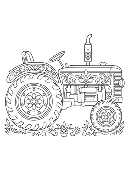 Vintage tractor coloring page adorned with floral patterns and ornate scrollwork in a grassy field.
