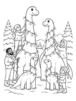 A friendly family decorates brachiosaurus dinosaurs with string lights in this christmas dinosaur coloring page.