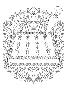 A detailed carrot coloring page featuring a sheet cake being decorated against a mandala backdrop.