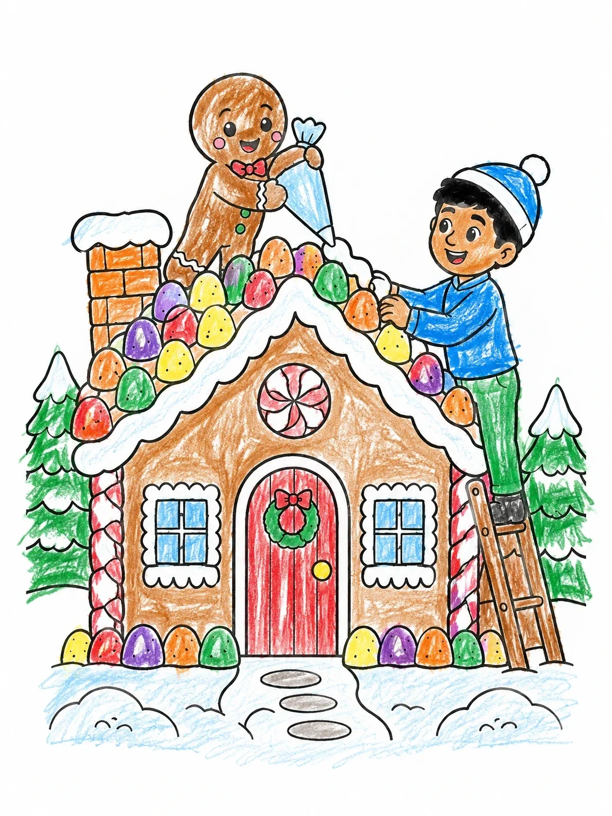 Colored example of the Decorating The Gingerbread Candy Cottage coloring page
