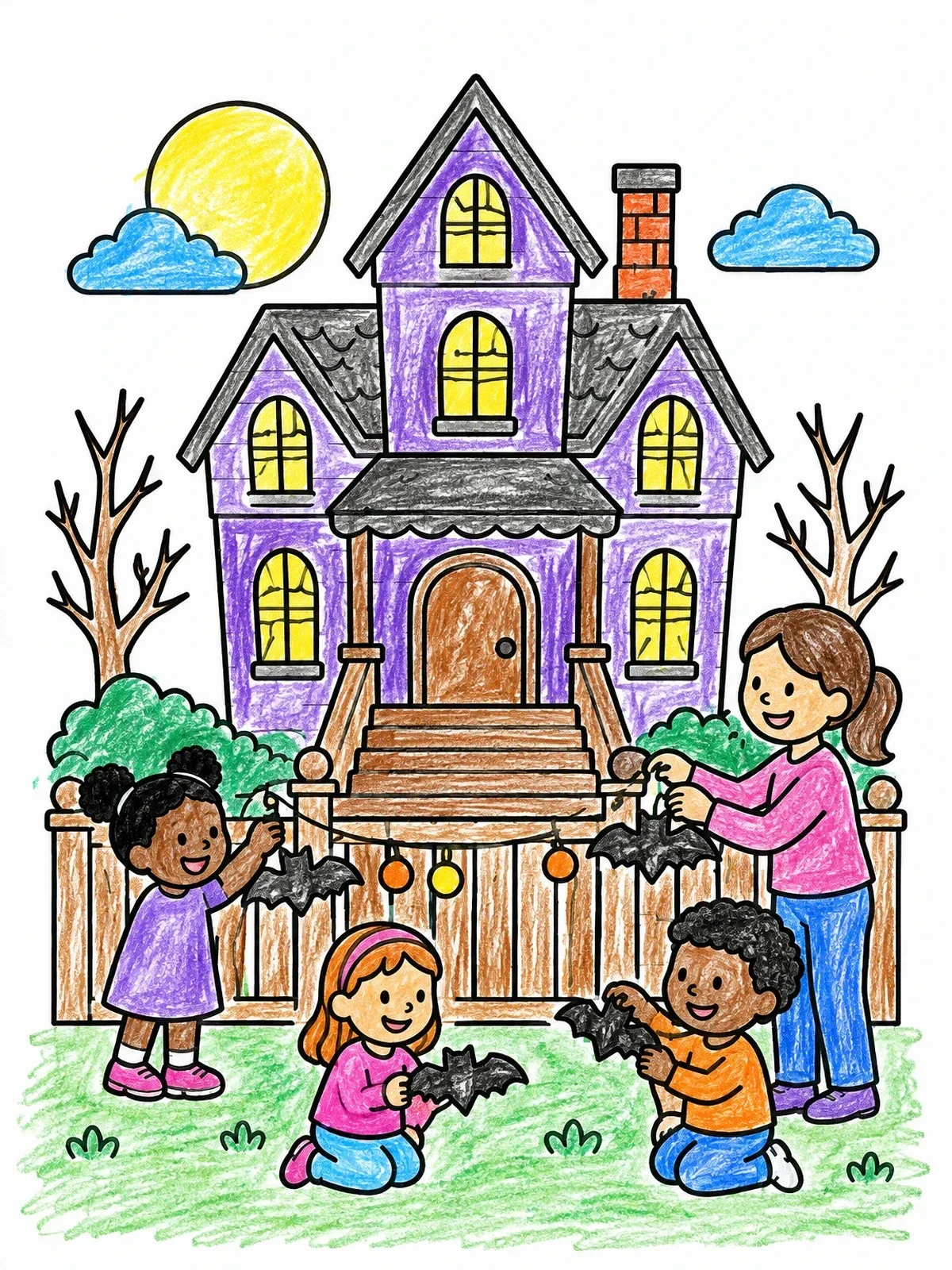 Colored example of the Decorating The Haunted House For Halloween coloring page