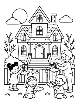 Kids and mom hang decorations in this friendly haunted house coloring page.