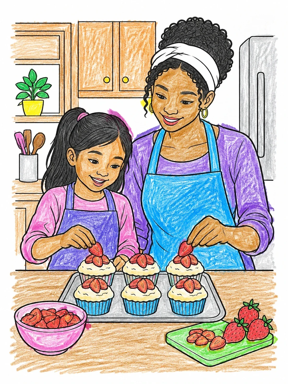 Colored example of the Decorating Muffins With Strawberries coloring page