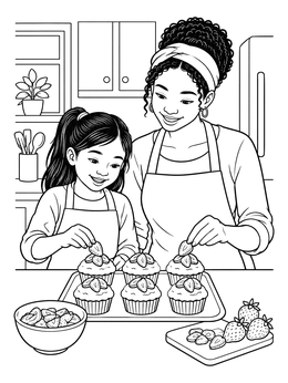 Free printable Decorating Muffins With Strawberries coloring page