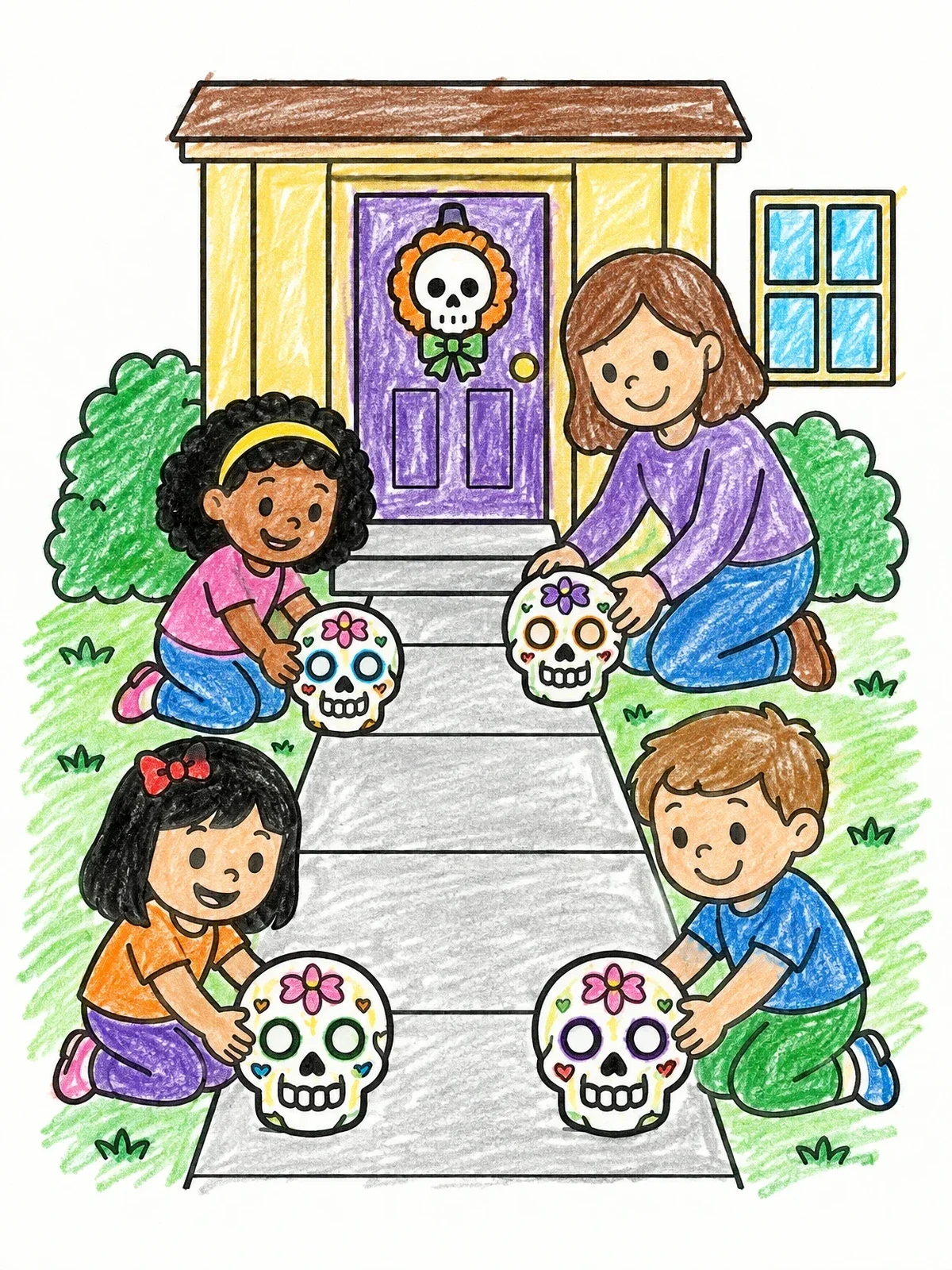 Colored example of the Family Decorating Walkway With Skulls coloring page