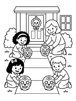 Free printable Family Decorating Walkway With Skulls coloring page