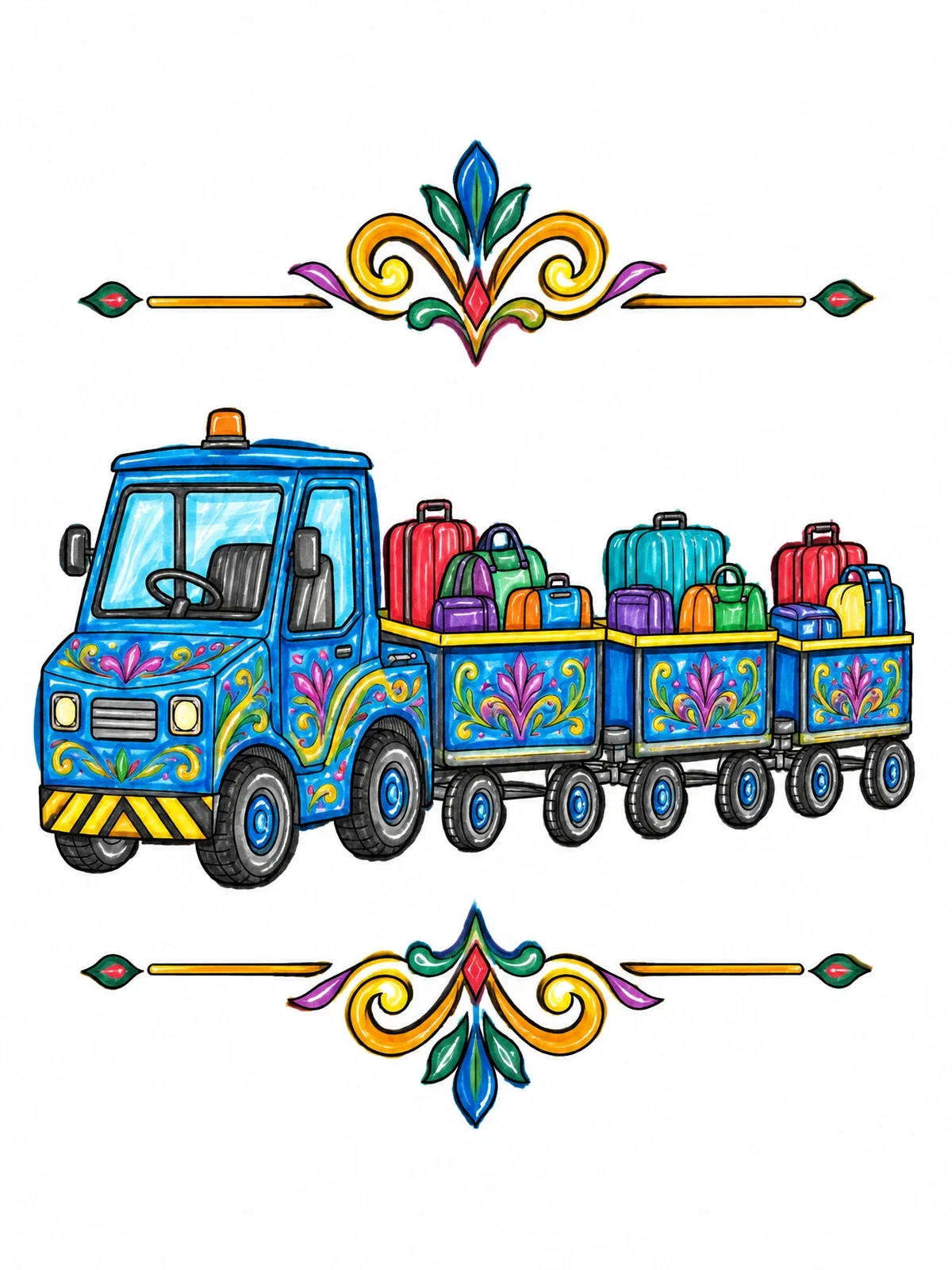 Colored example of the Decorative Airport Luggage Tug coloring page
