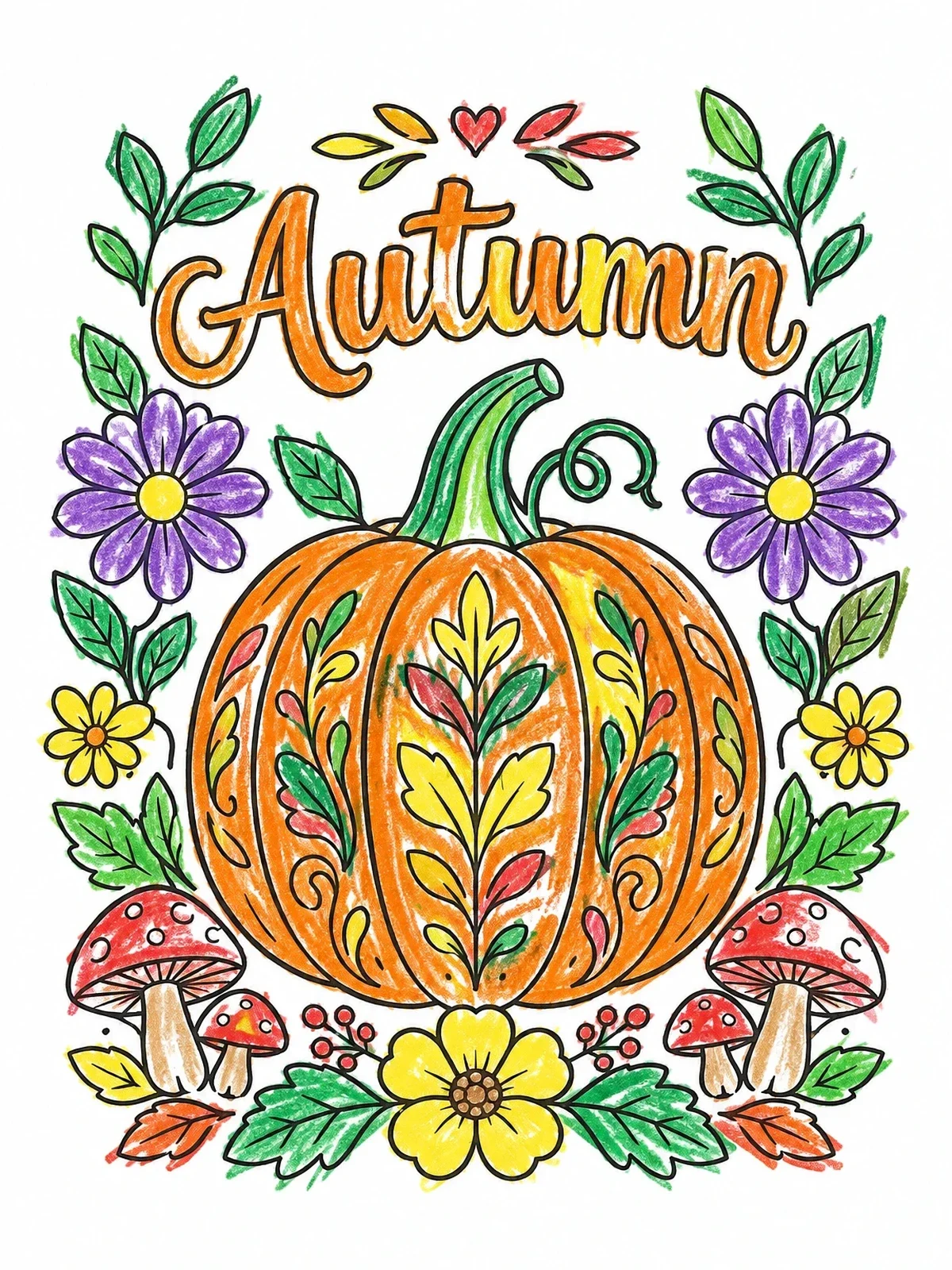 Colored example of the Decorative Autumn Pumpkin And Floral Border coloring page