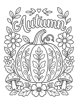 Free printable Decorative Autumn Pumpkin And Floral Border coloring page