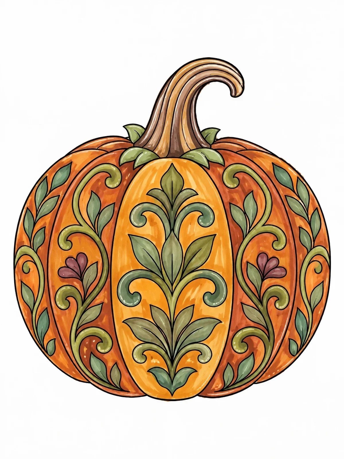 Colored example of the Decorative Autumn Pumpkin With Swirls coloring page