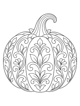 An ornate pumpkin coloring page with detailed swirls and leaf patterns.