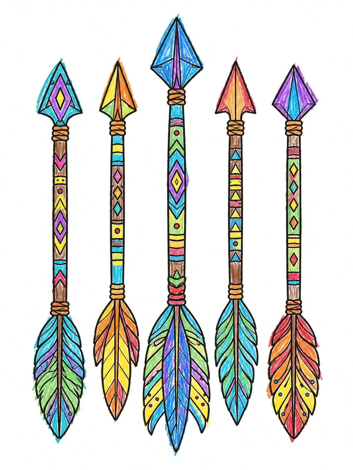 Colored example of the Decorative Boho Patterned Arrows coloring page