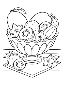 A decorative bowl filled with mangoes, kiwi slices, and starfruit on this fruit coloring page.