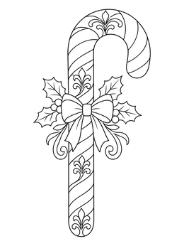 An ornate candy cane coloring page adorned with a ribbon bow and festive holly leaves.