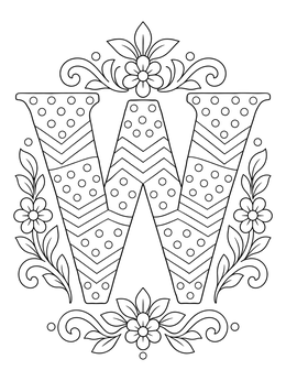 A patterned letter W coloring page adorned with floral motifs, chevron stripes, and polka dots.