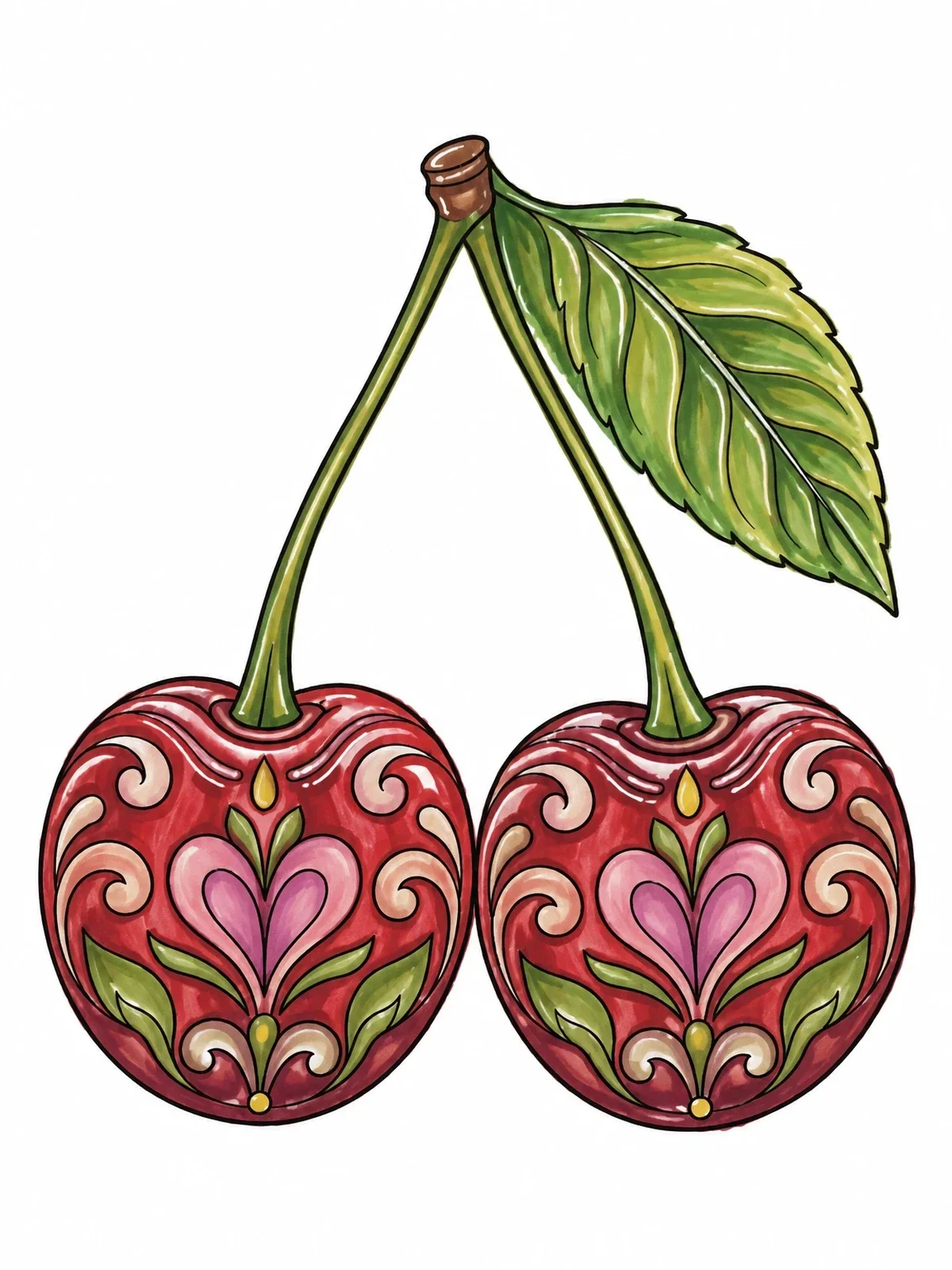 Colored example of the Decorative Cherries Pair With Leaf coloring page