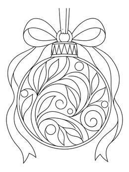 An ornate christmas mindfulness coloring page featuring a swirl patterned bauble with a bow.