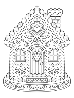 Gingerbread coloring page showing a decorated candy house with icing and sweets.