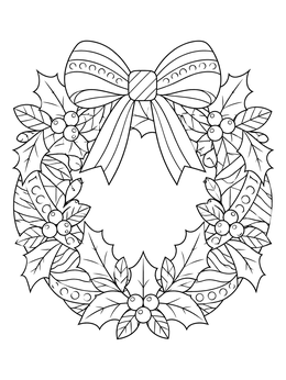 A decorative christmas pop art coloring page featuring a holiday wreath with a bow and berries.