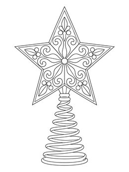 An ornate christmas star coloring page features a five-pointed tree topper on a spiral base.