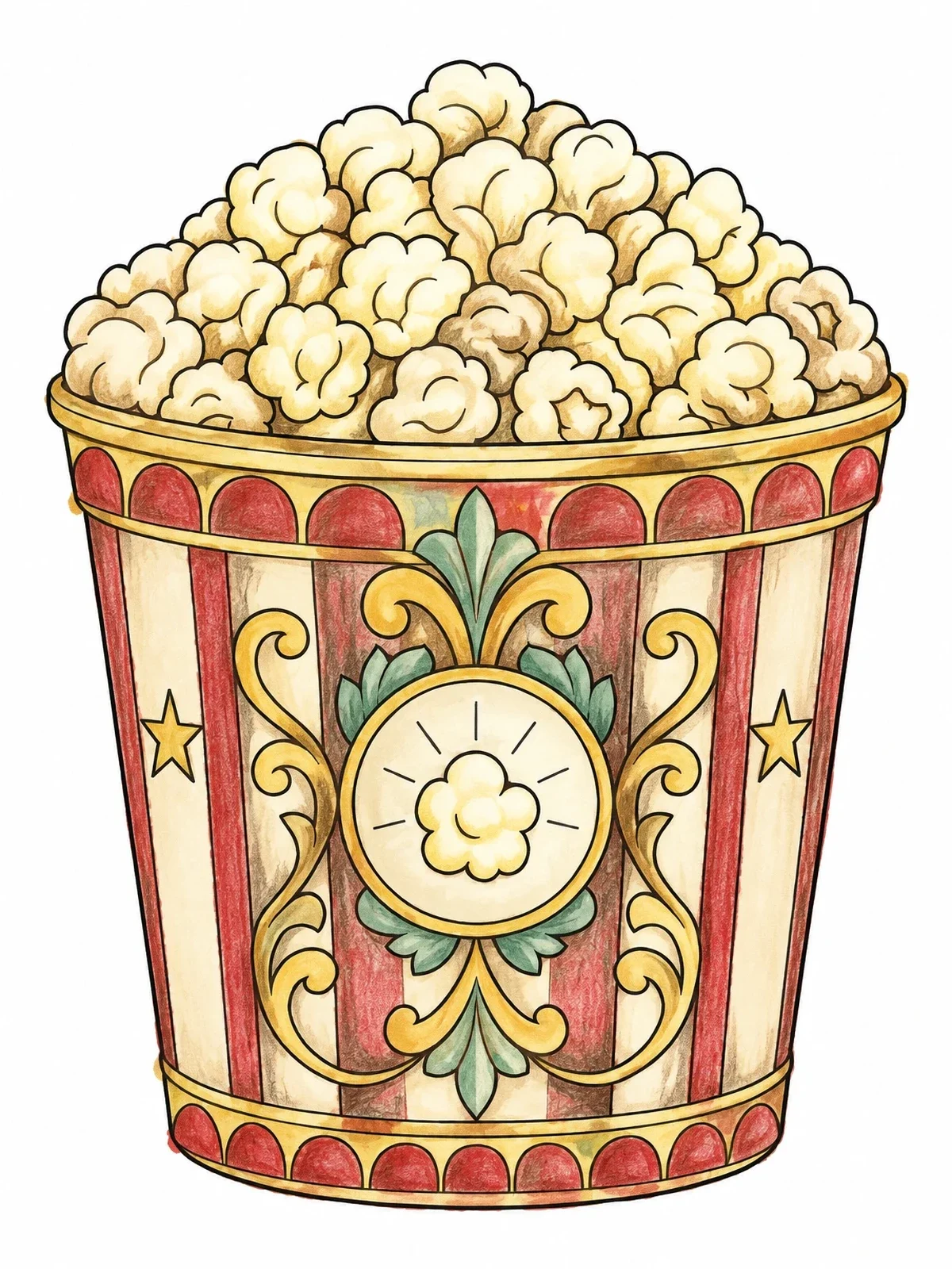 Colored example of the Decorative Cinema Popcorn Tub coloring page